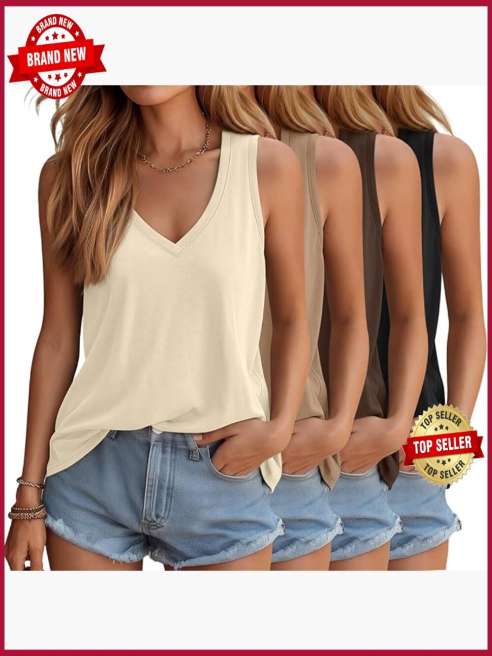 4 Pack Womens Sleeveless V Neck Loose Fit Tank Tops Summer Casual Tee Blouse